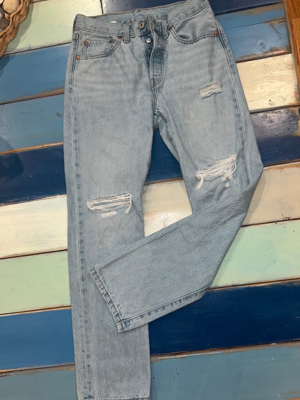 Levi's 501 Original Fit Jeans W27 L30 Light Wash Distressed Button Fly